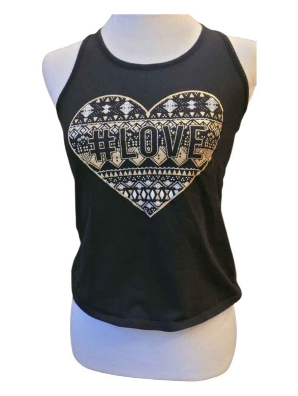🥳5/$25!🥳 Place Black Tank Top with Gold & White #LOVE Heart Graphic